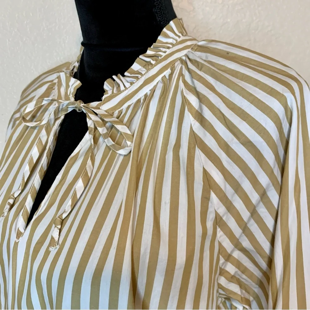 J. Crew ReImagined Popover Top Smocked Cuffs Ruffle Neck Striped Tan White Small